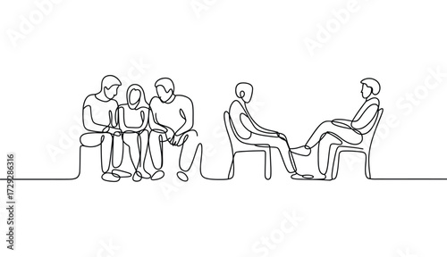 Continuous line drawing of seated people in group and pair — minimalist vector illustration of teamwork, conversation, and human interaction