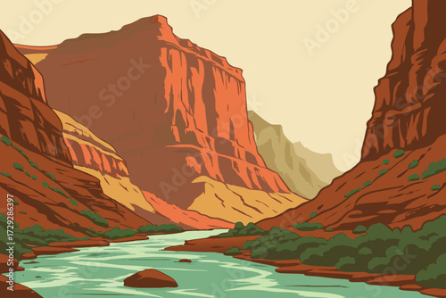 Colorado River in Arizona’s Grand Canyon, turquoise rapids flowing between towering red canyon walls