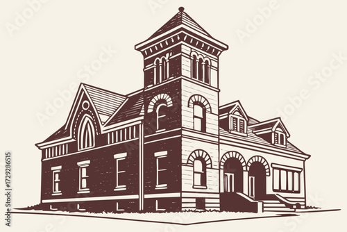 Concord Public Library in New Hampshire, Victorian brick building with decorative tower and arched doorway
