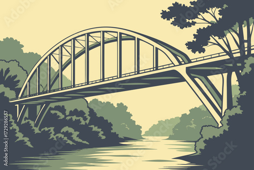 Coosa River Pedestrian Bridge in Alabama, small steel arch crossing reflective river with forested banks