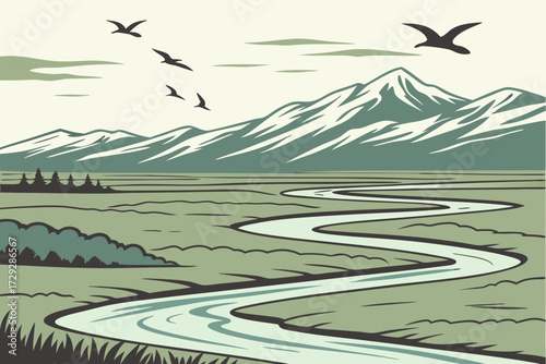 Copper River Delta in Alaska, braided channels with migrating birds and snowcapped mountains beyond