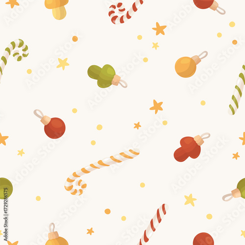 Christmas decorations seamless vector pattern. Delicate print in vintage style for New Year's wrapping paper, fabric, textile.