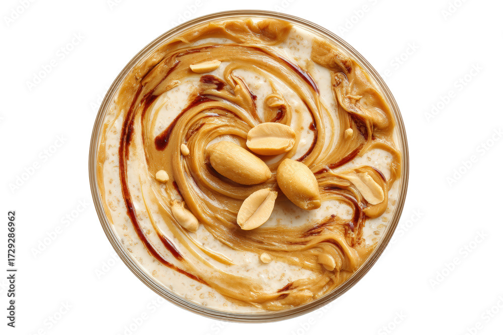 Fototapeta premium Overnight oats with peanut butter swirl and peanuts on top, isolated on transparent background
