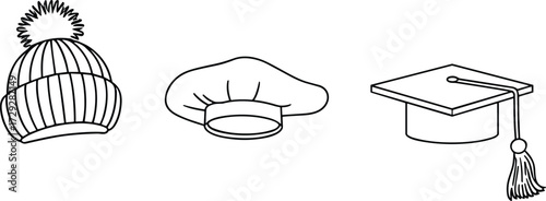 Hat silhouette collection, winter beanie icon, chef hat illustration, graduation cap vector, cultural headwear design, profession symbols, academic achievement, fashion accessory