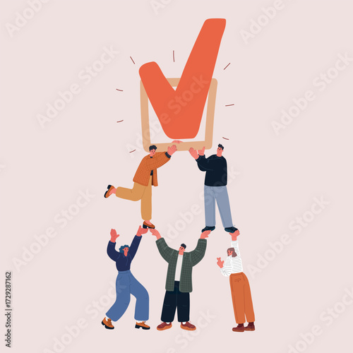 Cartoon vector illustration of people voting with big check mark symbolizing democracy and civic choice