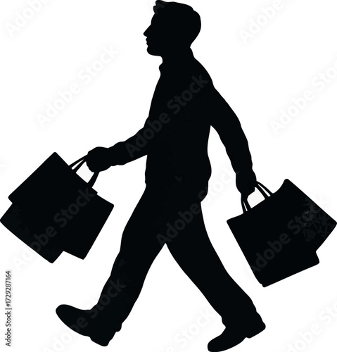 Silhouette man shopping bags casual walk vector Hand drawn