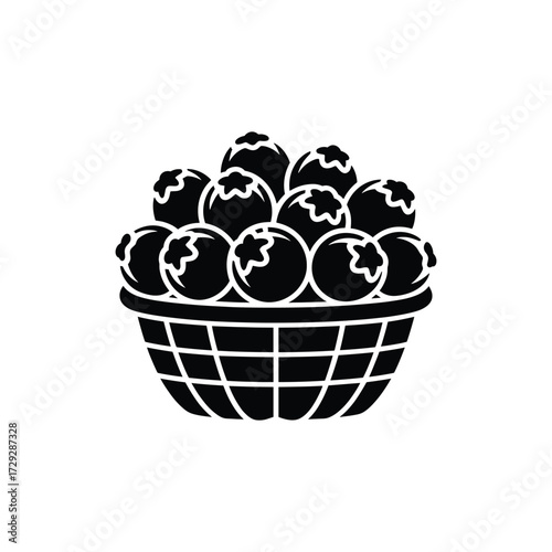 Black silhouette of a basket filled with blueberries isolated on white background