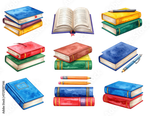 Depiction showcases an assortment of vibrant, watercolor-painted books, some open and others closed, paired with pencils and a pen, all elegantly arranged against a stark, black background.