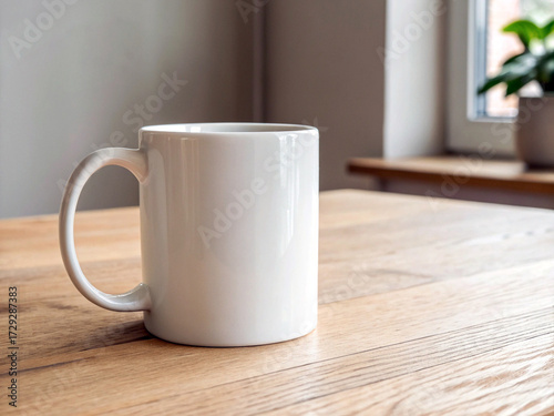 White Ceramic Mug on Wooden Table with Natural Light and Potted Plant Ai-Generated