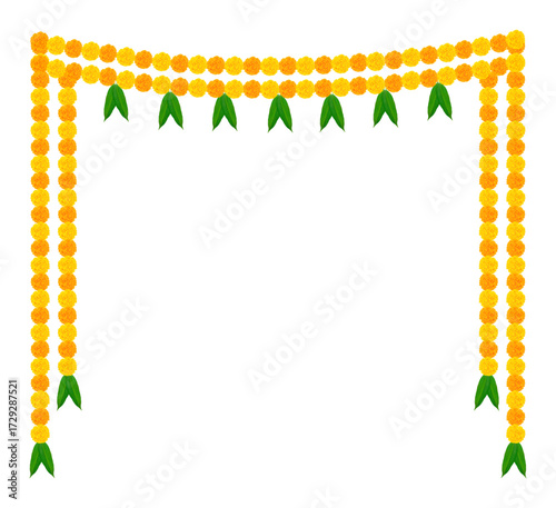 Traditional marigold flower garland toran with mango leaves, flat vector illustration of Indian floral decoration, wedding and festival border ornament design for Diwali and Hindu celebrations