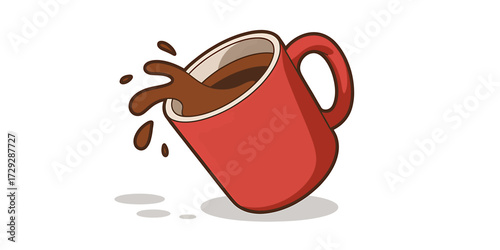Cartoon Red Coffee Mug Spilling Liquid with Splash Effect Isolated on White Background Animated Coffee Time Concept Design