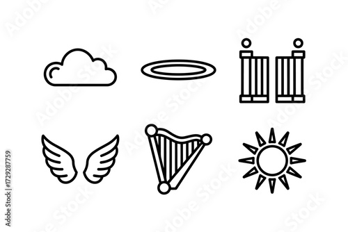 Heavenly Icons and Spiritual Symbols Featuring Angel Wings Harp Halo and Golden Gates Illustration for Religious and Inspirational Projects