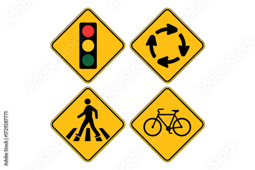 Collection of Yellow Diamond Road Signs Warning Drivers and Pedestrians on Roadways with Traffic Signal Roundabout Crosswalk and Bike Lane