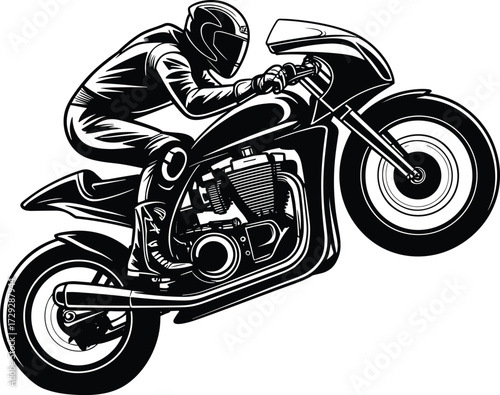 Motorcycle stunt rider performing wheelie, dynamic black and white illustration, extreme sports action, biker silhouette, adventure, speed, adrenaline, motorsport design