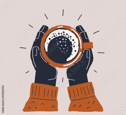 Vector illustration of hands holding a coffee mug symbol of comfort, warmth, and mindful moments