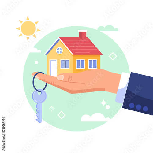 Cartoon hand presenting house and keys symbolizing real estate investment and home ownership dream with warm sun background