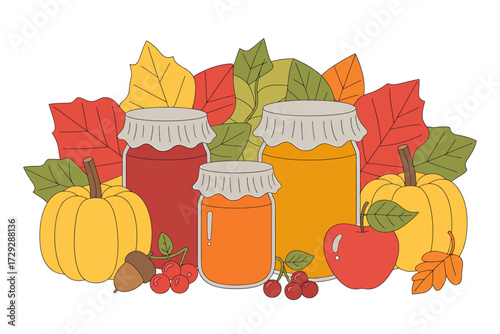 Autumn Harvest Bounty Jars of Jam Pumpkins and Fall Leaves a Celebration of Seasonal Delights