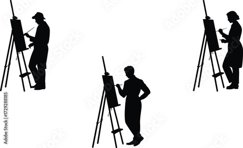 Artists painting at easels, creative silhouettes drawing, art studio teamwork, group of painters working, artistic process, creativity, concentration, inspiration