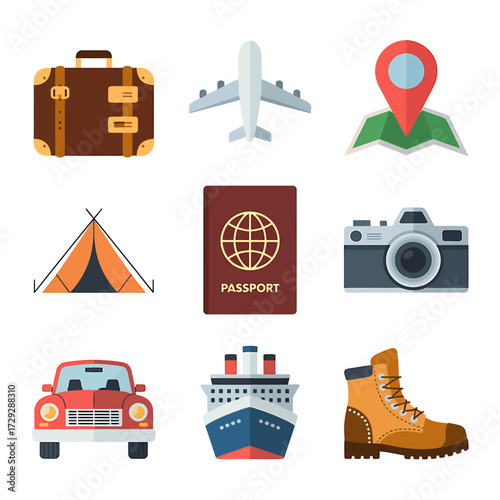 Travel Essentials and Destinations Icons for Vacation Planning and Global Adventure