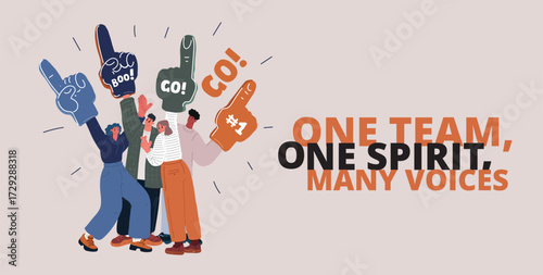 Vector illustration of teamwork banner with hands symbolizing unity and one spirit with foam hands showing raised fingers symbol of enthusiasm and collective support