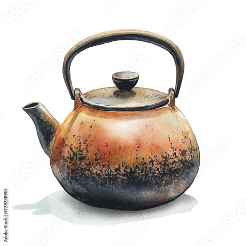 watercolor vector of Japanese-style Cast Iron Teapot, isolated on a white background.