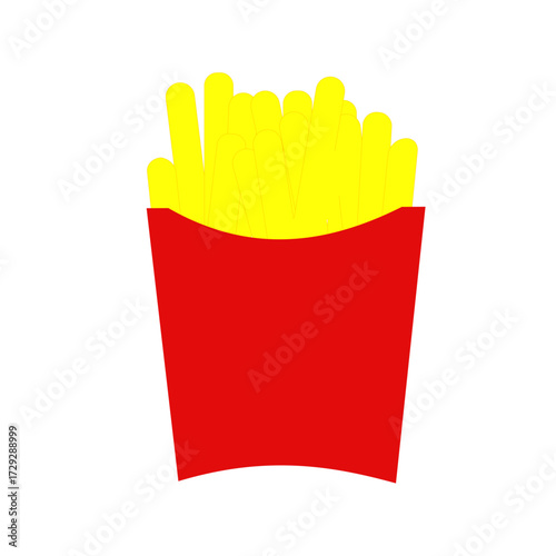 A simple, flat vector illustration of golden yellow french fries in a classic red carton. This minimalist icon represents fast food