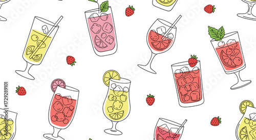 A pattern of refreshing summer drinks and berries in a hand drawn style.