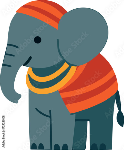 This image shows a cute cartoon elephant wearing a red and orange outfit with yellow jewelry, looking friendly and cheerful.