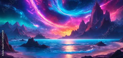 Surreal Aurora Landscape with Neon Lake