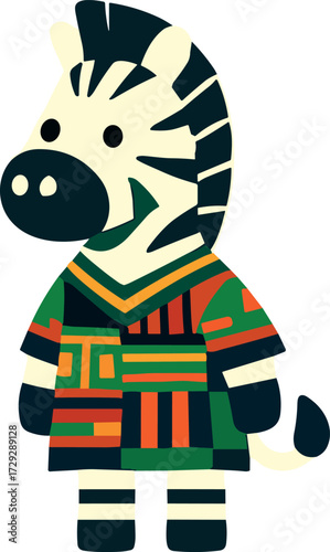 This image depicts a cute cartoon zebra standing upright and dressed in colorful tribal-style clothing, giving it a playful and cultural appearance.
