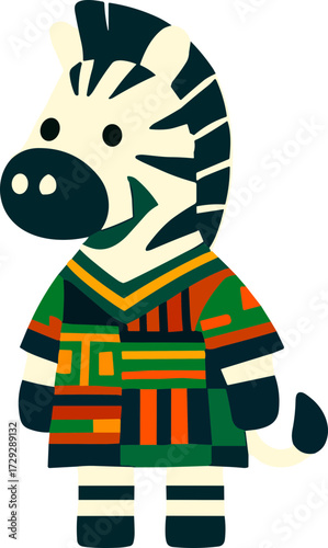 This image depicts a cute cartoon zebra standing upright and dressed in colorful tribal-style clothing, giving it a playful and cultural appearance.
