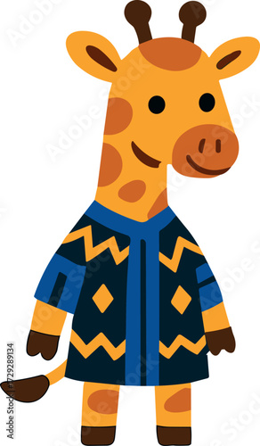 This image shows a cheerful cartoon giraffe character wearing a blue and black patterned coat, giving it a fun and stylish appearance.