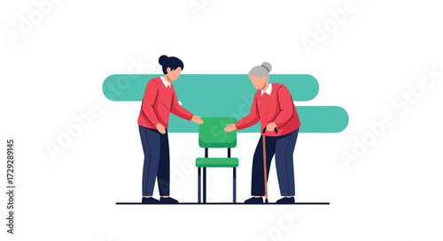 A caregiver assists an elderly woman to sit down on a chair.