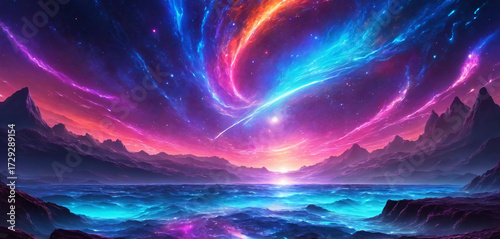 Surreal Aurora Landscape with Neon Lake