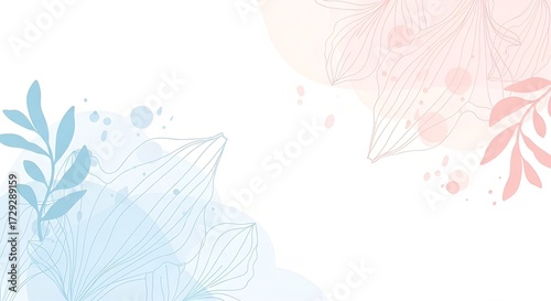 Watercolor floral background with blue and pink splashes isolated on white background