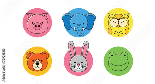 A collection of six cute cartoon animal faces in circular frames.
