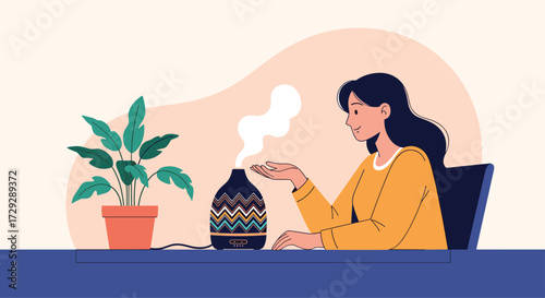 A woman enjoys the soothing aroma from a diffuser.