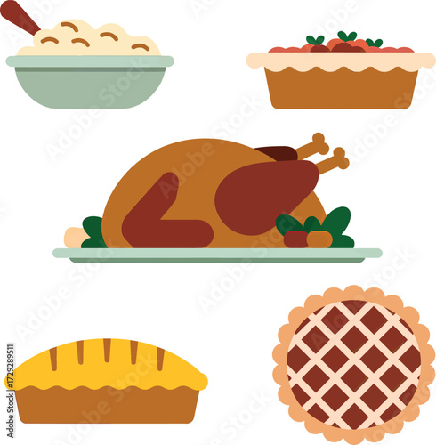 Thanksgiving dinner feast roasted turkey pies mashed potatoes vector Hand drawn