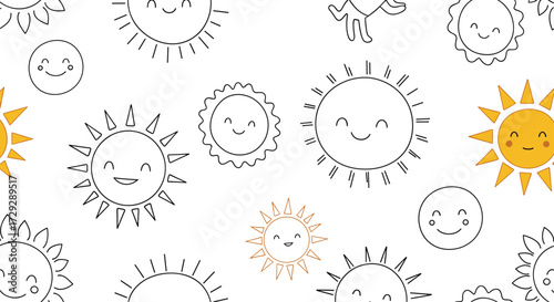 A cheerful pattern of hand-drawn suns with smiling faces.