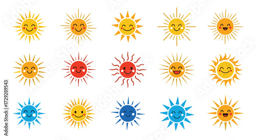 A delightful collection of cheerful sun illustrations with happy faces.