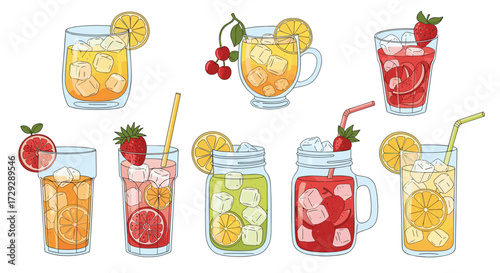 A delightful collection of refreshing fruity beverages in various glasses and jars.