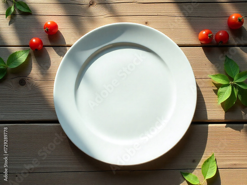 White Ceramic Plate with Red Tomatoes and Green Leaves on Wooden Surface Ai-Generated