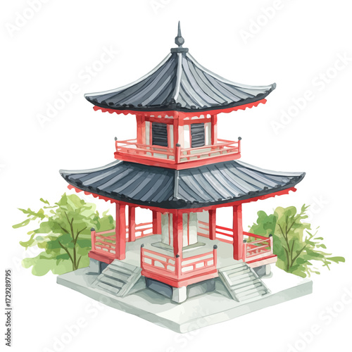 Japanese-style Pagoda, watercolor drawing vector, isolated on a white background.