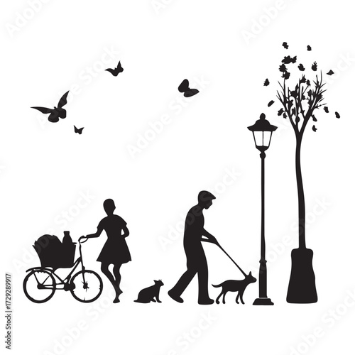 Silhouettes of people and animals enjoying a stroll in a park