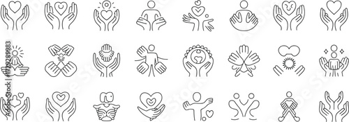 Charity and care icon set, hands holding heart, love support, community help, kindness, wellness, compassion, giving, vector outline illustration.