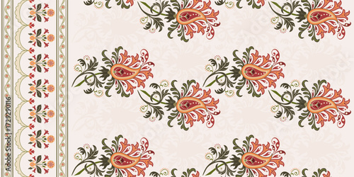 Vector Hand drawn colourful geometric flowers Motifs African boho paisley, seamless patterns with floral for fabric Ethnic Indian Pattern, textiles, clothing, wrapping paper, backdrop, banner.

