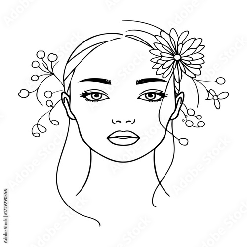 Floral Woman Face Line Art Portrait Vector Illustration