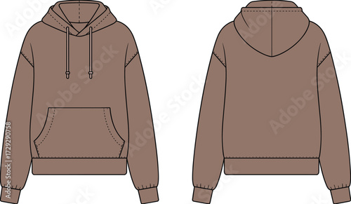 Hooded sweatshirt fashion illustration, technical flat sketch, pullover hoodie design, kangaroo pocket, drawstring hood, ribbed cuffs hem, garment construction, apparel template