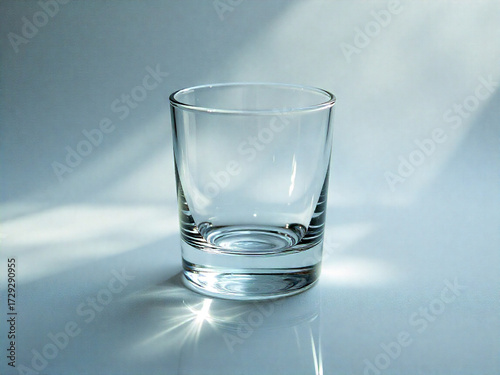 Clear Glass Tumbler on Reflective Surface with Blue Gradient Background Ai-Generated