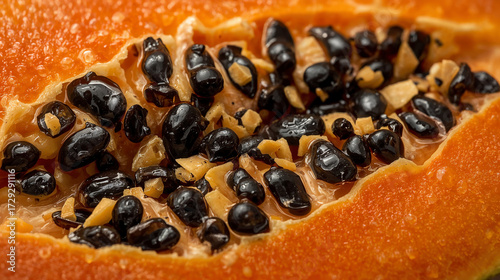 Papaya’s Inside: A close-up perspective that invites you to savor the tropical essence, revealing the intricate textures of ripe papaya.